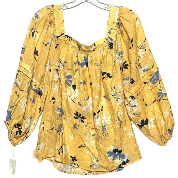 Zac & Rachel Yellow Blouse Top L Prairie Cottagecore Floral Peasant Boho Flowy - Picture 7 of 10